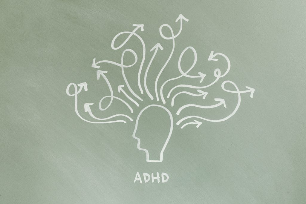 Drawing of a human head with arrows coming out and the word ADHD written underneath.