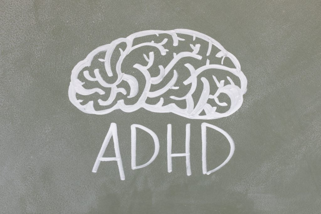A drawing of a brain with ADHD written underneath.
